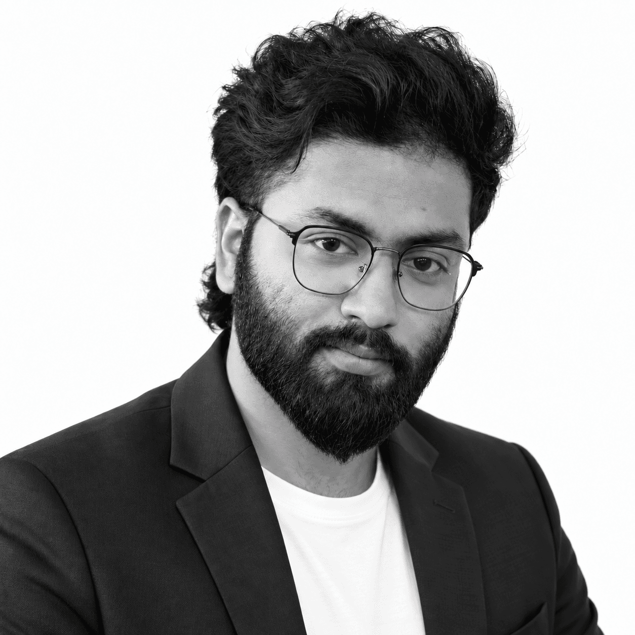 Sahil Meghanathi, full stack developer in Ahmedabad, in a black blazer and white T-shirt